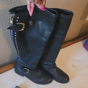 Steve Madden Black Heeled Boots with Gold Accents